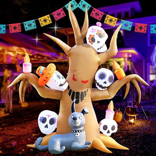 DomKom Tree Halloween Inflatable Blow Up Decorations, Dia de Los Muertos 8FT Day of The Dead Spooky Tree with Catrina Skull and Hairless Dog, Built-in LEDs for Holiday, Garden Lawn Yard Patio Décor
