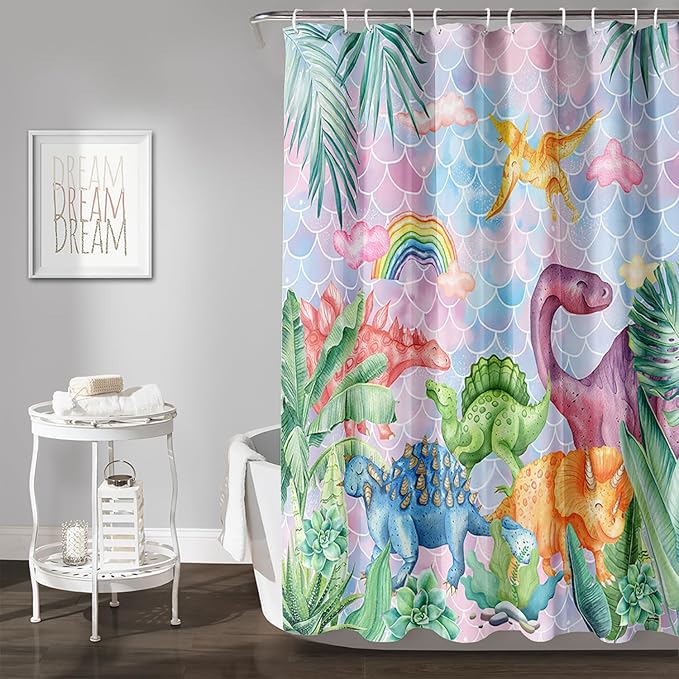 AILONEN Girls Dinosaur Shower Curtain 60" W*72" H for Bathroom,Cute Dinosaur Bathroom Shower for Kids Girls,Cartoon Dinosaur Rainbow Bath Curtain Polyester Waterproof Shower Curtain with 12 Hooks