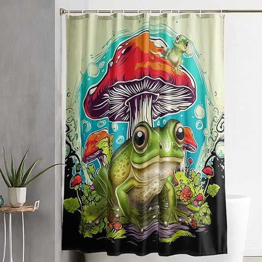 AILONEN Frog Mushroom Shower Curtain,Green Frog Waterproof Fabric Bath Curtain for Kids Girls Boys,Cartoon Animal Wildlife Red Mushroom Shower Curtain Set for Bathroom with Hooks,72" W*96" H