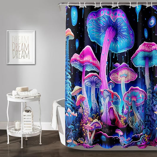 AILONEN Mushroom Shower Curtain for Bathroom, 3D Oil Painting Mushroom Bath Curtain,Blue Purple Fairy Fantasy Fungus Botanical Decoration Waterproof Curtain with 12 Plastic Hooks, 72" W*96" H