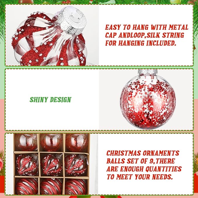 9 Pcs 3.15" Clear Christmas Ball Ornaments Xmas Ball Decorations Set Shatterproof Decorative Hanging Ornaments for Christmas Tree Home Wedding Party Office Decor(Red)