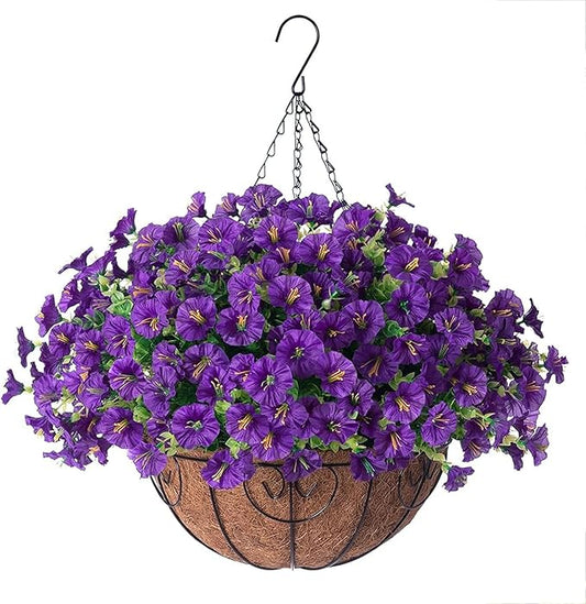 Artificial Fake Hanging Plants Flowers Basket for Outdoors Spring Summer Decoration, Silk Purple Morning Glory Eucalyptus UV Sun Resistant Realistic Faux Flowers for Outside Porch Patio Balcony Home