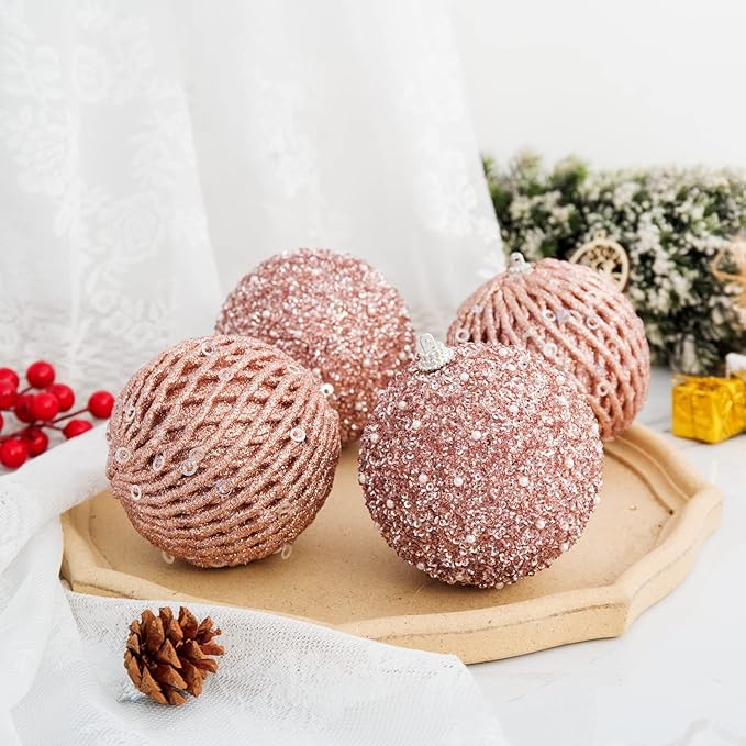 6pcs 3.94" Christmas Ball Ornaments Glitter Shatterproof Christmas Tree Ornaments Sequin Xmas Hanging Balls Decorations for Wedding Party Holiday(Rose Gold, 6pc-10cm)