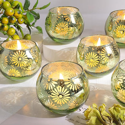 Green Mercury Glass Votive Candle Holders Set of 12, Round Tealight Candle Holders Bulk for Table Centerpieces, Weddings, Shower Gifts, Party Decorations