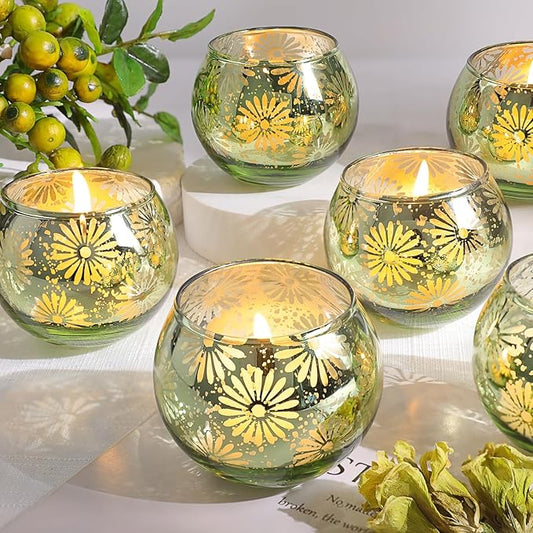 Green Mercury Glass Votive Candle Holders Set of 12, Round Tealight Candle Holders Bulk for Table Centerpieces, Weddings, Shower Gifts, Party Decorations