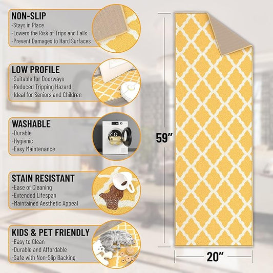 Machine Washable Moroccan Trellis Design Non-Slip Rubberback 2x5 Traditional Indoor Runner Rug for Hallway, Kitchen, Bedroom, Entryway, 20" x 59", Yellow