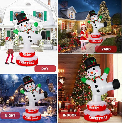 6FT Christmas Inflatables Snowman Outdoor Decorations, Rotating Snowman Stands on Donut Base Christmas Blow Up Yard Decoration Built-in LEDs Snowman Inflatable for Xmas Party Garden Lawn Decor