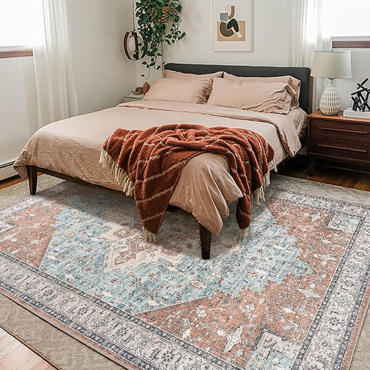 Living Room Area Rugs 8x10 Machine Washable Mid Century Modern Boho Extra Large Indoor 70s Vintage Eclectic Colorful Bohemian Rug for Bedroom,Terracotta Rust Burnt Orange and Turquoise Blue