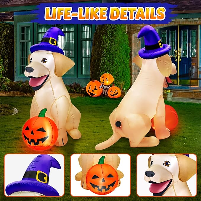 5Ft Halloween Inflatables Decorations Outdoor Vivid Lab Dog with Build-in Bright LED Blow Up Yard Decoration with Witch Hat Halloween Decorations Outdoor for Holiday Party Indoor Garden Lawn Home
