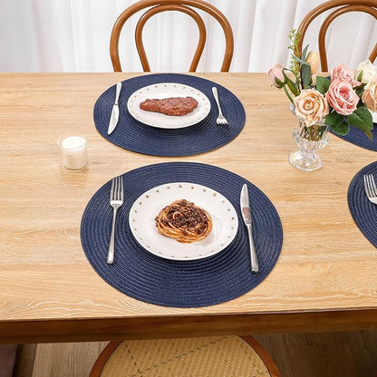 SHACOS Round Placemats Set of 4 Washable 15 inch Round Table Mats Cotton Polyester Woven Braided Place Mats for Dining Table, Navy