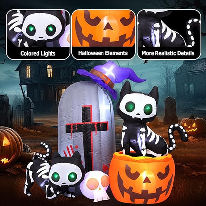 Max Fun 6FT Halloween Inflatables Skeleton Cat Pumpkin with LED Build-in Yard Decoration Blow Up Inflatables for Outdoor Indoor Garden Lawn