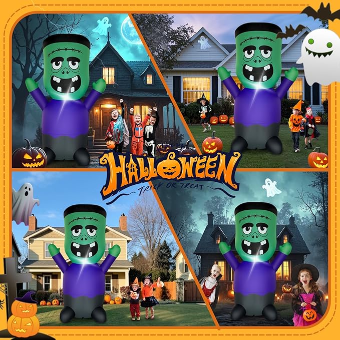 Halloween Inflatables Blow-Up Decorations Outdoor - 4 FT Green Monster Halloween Blow up Yard Decorations Cute Ghost with LED Build-in for Garden Lawn Indoor Party Decor
