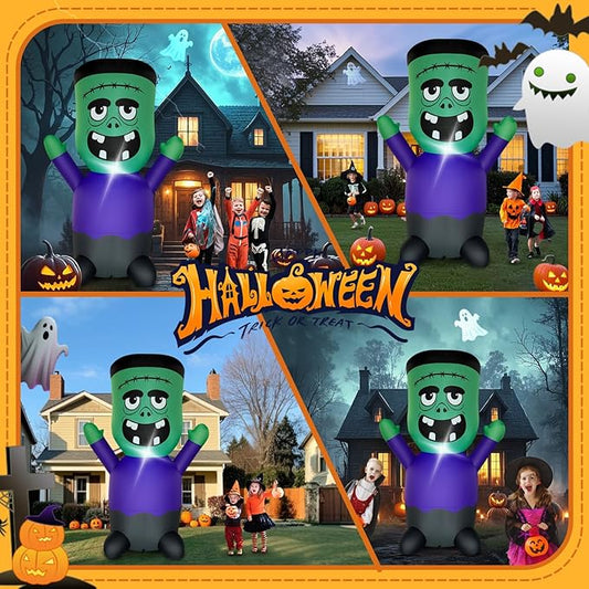 Halloween Inflatables Blow-Up Decorations Outdoor - 4 FT Green Monster Halloween Blow up Yard Decorations Cute Ghost with LED Build-in for Garden Lawn Indoor Party Decor