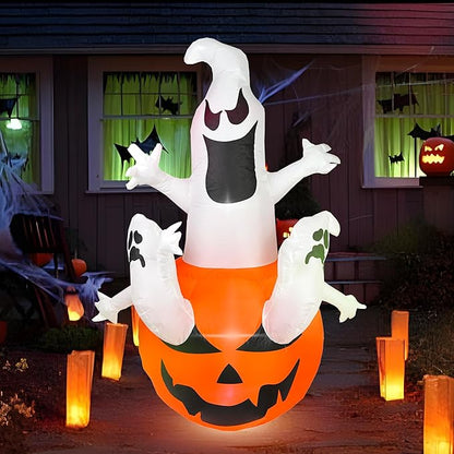 Dearsun 6FT H Halloween Inflatable Pumpkin Ghosts with Build-in LED Lights, Blow up Halloween Inflatable for Indoor Outdoor Party Garden Lawn Holiday Decor (Three Ghosts with Pumpkin)