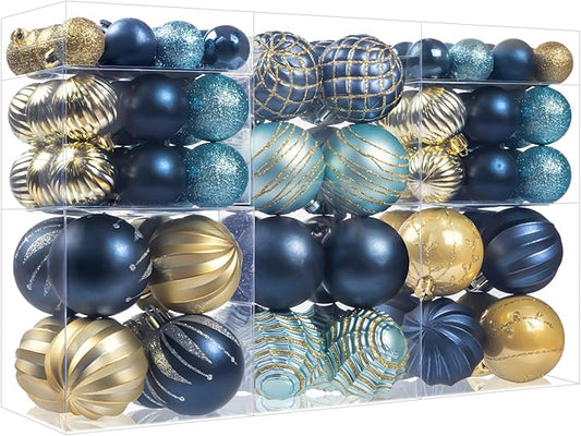 100Pcs Christmas Ball Ornaments Set, Assorted Shatterproof Christmas Ornament, Christmas Tree Theme Hanging Decoration for Xmas Tree Holiday/Party/Home Decor (Blue & Gold)