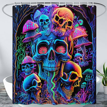 AILONEN Mushroom Skull Shower Curtain for Bathroom,Purple Mushroom Skull Bath Curtain,Fantasy Fairy Skull Skeleton Decoration Bathroom Waterproof Shower Curtain with 12 Plastic Hooks, 72" W*84" H
