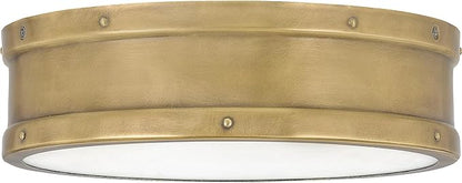Quoizel Ahoy Round Flush Mount Ceiling Light, 13 Inch Drum Light with Metal Shade, 25 W LED, 1700 Lumens, 4" H x 13" W, Weathered Brass