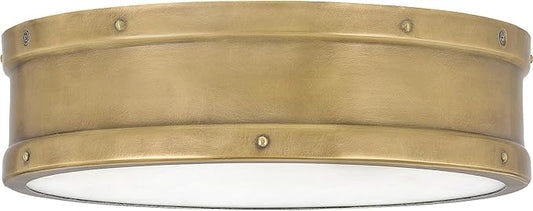 Quoizel Ahoy Round Flush Mount Ceiling Light, 13 Inch Drum Light with Metal Shade, 25 W LED, 1700 Lumens, 4" H x 13" W, Weathered Brass