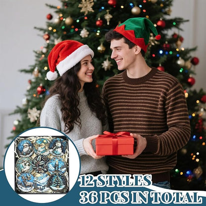 Suzile 36 Pcs Christmas Wooden Ornaments Navy Blue Christmas Tree Decoration Retro Round Nativity Scene Snowman Ornaments Vintage Xmas Hanging Decoration for Farmhouse Home Wreaths Winter Party