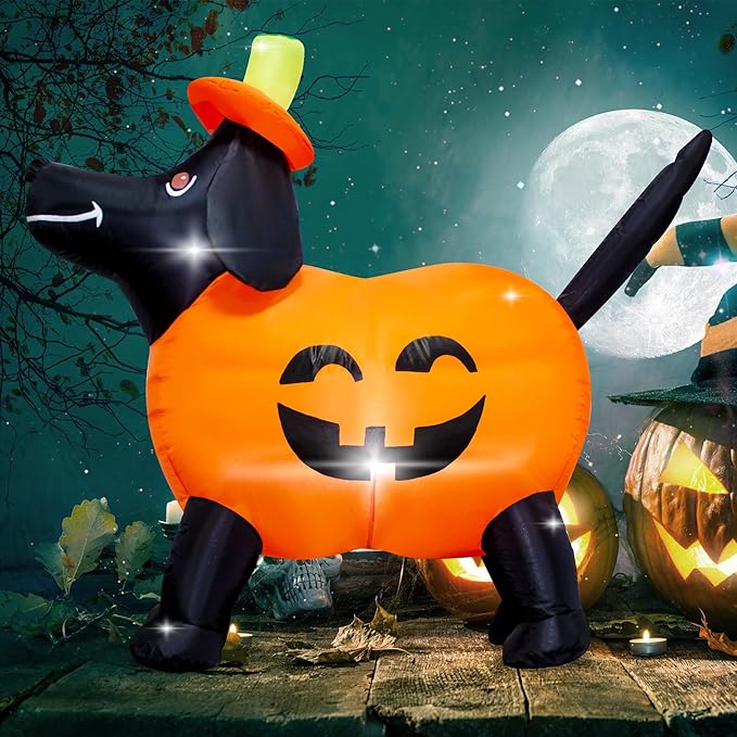 4FT Long Halloween Inflatable Pumpkin Dog Decoration with LED Lights Pumpkin Dachshund Blow up Decorations Outdoor Indoor Holiday Yard Graden Decor