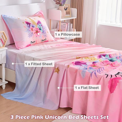 VIVILINEN Twin Size Bed Sheets Set for Kids Girls 3 Piece Pink Unicorn Kids Sheets Set Toddler Twin Bedding Set Include Flat Sheet, Deep Pocket Fitted Sheet and Pillowcase