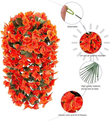 Artificial Bougainvillea Faux Flowers Plants for Outdoors Outside Fall Autumn Decor, 2 PCS Silk Trailing Vines UV Resistant Realistic Orange Fake Flowers for Planter Front Door Porch Patio Balcony