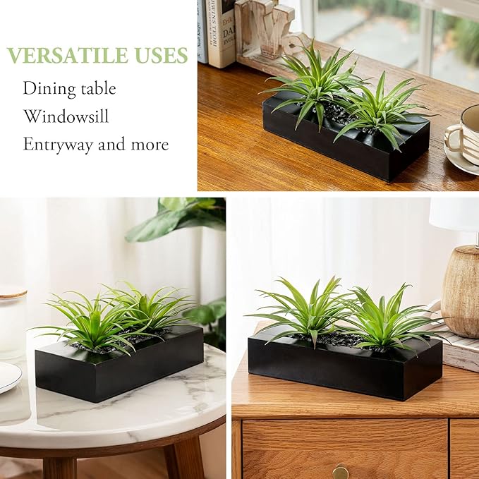 MyGift 10 Inch Fake Grass Artificial Plants in Rectangular Black Wood Planter - Faux Plants Indoor for Tabletop Centerpiece Décor