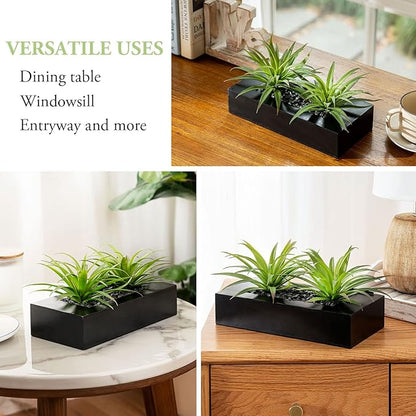 MyGift 10 Inch Fake Grass Artificial Plants in Rectangular Black Wood Planter - Faux Plants Indoor for Tabletop Centerpiece Décor