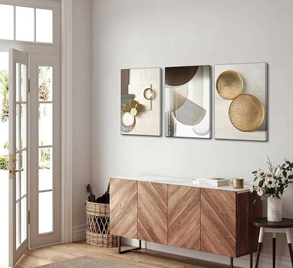 3 Pcs Abstract Gold Geometric Boho Canvas Wall Art Mid Century Modern Minimalist Aesthetic Luxury Metal Artwork Pictures Wall Decor Posters Prints for Living room Bedroom Office Home Decoration