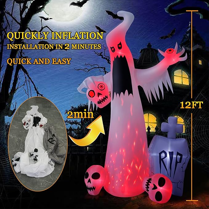 12 FT Halloween Inflatables Outdoor Halloween Blow Up Yard Decorations Horror White Ghost with 3 Skull Heads Bleeding Eyeball Tombstone Halloween Decorations Clearance for Party Yard Garden