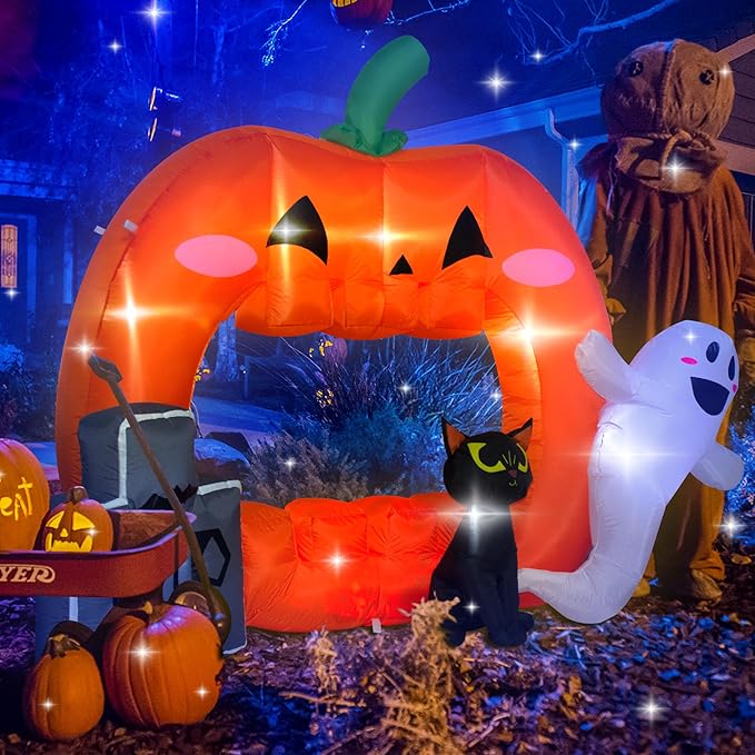 7FT Halloween Inflatable Pumpkin Photo Frame with Tombstone Black Cat White Ghost,Built-in LEDs for Halloween Blow Up Indoor Decor, Cute Fun Holiday/Party/Yard/Garden Fantasy Party Display