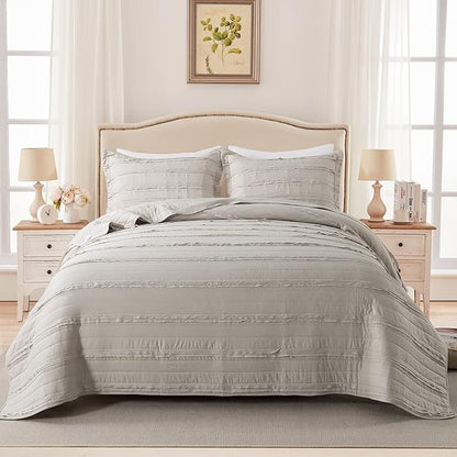 HoneiLife Queen Quilt Bedding Set - 3 Pieces Washed Microfiber Quilt Sets Lightweight Bedspreads Ultra Soft Coverlets Vintage Bed Cover Ruffled Bedding Set All Season Quilts-Sandy