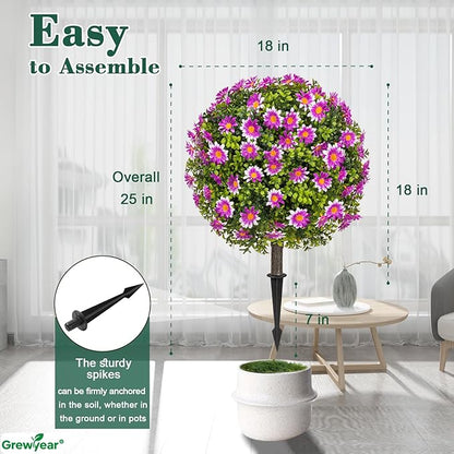 Artificial Topiary Ball with Ground Spike Set of 2, Faux Boxwoods for Outdoor Planters, UV Resistant Artificial Outdoor Plants for Porch, Fake Bushes Round Shrub with Purple Sunflower