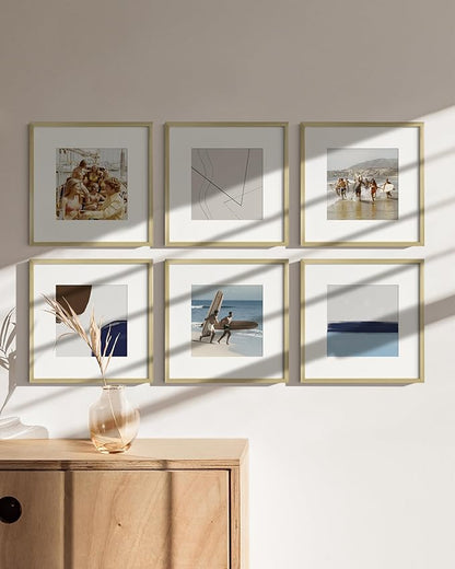 HAUS AND HUES 12x12 Gold Metal Picture Frames Matted to 8x8 - Features Premium Aluminum & Hanging Hardware, Shatterproof Plexiglass - Ideal for Home, Room, Office (12x12 in, Gold, Set of 6)