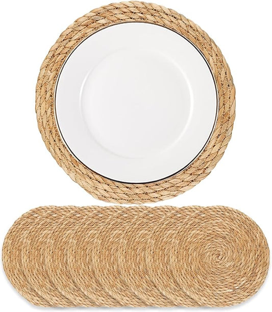 Round Woven Placemats - Boho Rattan Natural Water Hyacinth, Farmhouse Weave Place Mats, Rustic Braided Wicker Table Mats for Dining Table, Home, Wedding (13 Inch Set of 8)