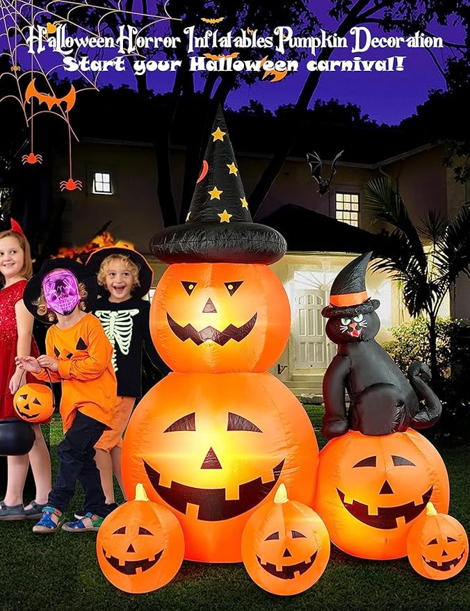 6 FT Halloween Inflatable Decorations Spooky Ghost Pumpkin Lighted and Witch's Cat, Halloween Decorations Outdoor Inflatables Pumpkin Combo with Build-in LED Blow Up Inflatables for Yard Garden