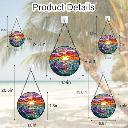 Stained Glass Window Hanging, Clouds and Sea Waves Suncatcher Diamond Glass Panel Hangings Scenery Sun Catchers Decor for Birthday for Women, Men, Wife, Aunt, and Mom 14.9 in