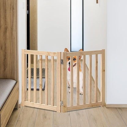 LZRS 2-Panel Wooden Free Standing Foldable Dog Gate – Solid Hardwood 24" High, Step-Over Safety Pet Gate for Doorways, Stairs & Small Spaces - Indoor Use, Natural
