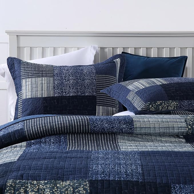 mixinni Navy Blue Quilt Set Queen Size, 100% Cotton Farmhouse Patchwork Plaid Floral Bedding Set, 3-Piece Reversible Lightweight Bedspread Coverlet Set for All Season (88"x92")