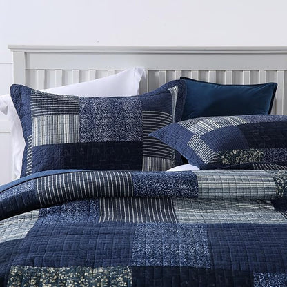 mixinni Navy Blue Quilt Set Queen Size, 100% Cotton Farmhouse Patchwork Plaid Floral Bedding Set, 3-Piece Reversible Lightweight Bedspread Coverlet Set for All Season (88"x92")