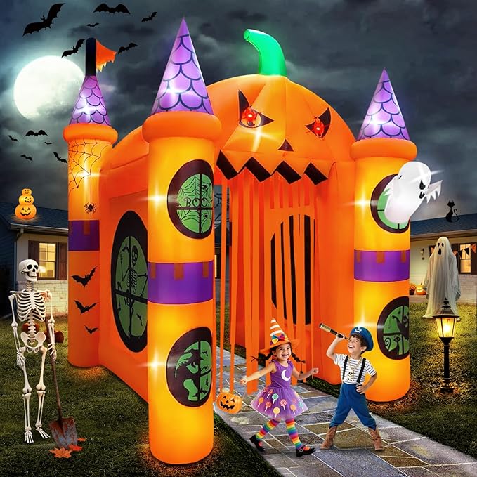Kalolary 12FT Halloween Inflatables Archway Pumpkin Haunted House, Giant Pumpkin Ghost Arch Inflatable with Built-in Lights Blow Up Halloween Outdoor Yard Decoration for Garden Lawn Outdoor Decors
