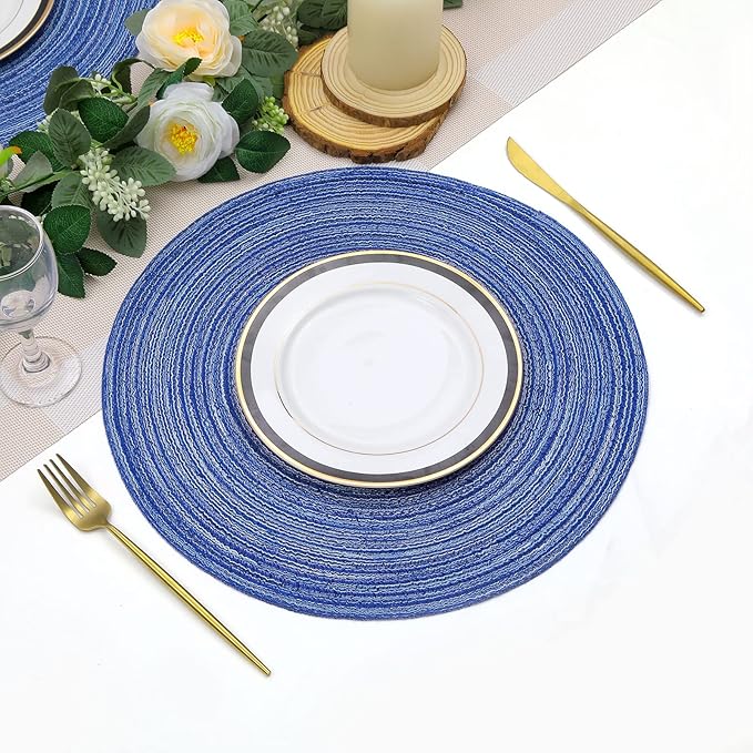 SHACOS Round Braided Placemats 15 inch Set of 4 Washable Kitchen Table Placemats for Home Wedding Party (Blue White, 4)