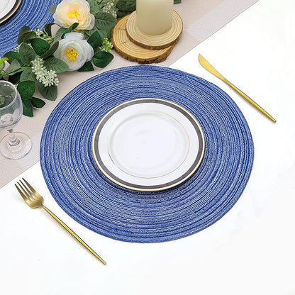SHACOS Round Braided Placemats 15 inch Set of 4 Washable Kitchen Table Placemats for Home Wedding Party (Blue White, 4)