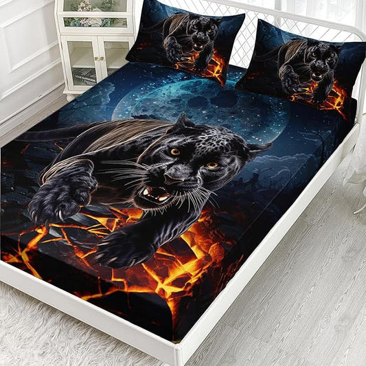 AILONEN Black Panther Fitted Sheet Set Queen Size,Safari Cheetah Leopard Print Bed Sheet Set,Magic Moon Animal Theme Leopard Fitted Sheet with 2 Pillowcases,3 Pieces Boys Queen Bed Sheet Set