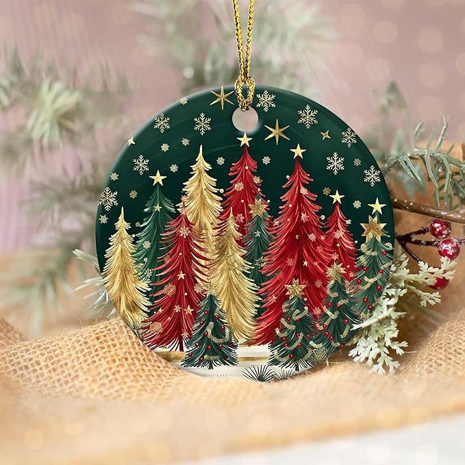 Christmas Tree Forest Ornament Round Ceramic Ornament Star Snowflake Xmas Keepsake for Christmas Tree Winter Holiday Xmas Gift for Women Men Xmas Hanging Ornament 3"