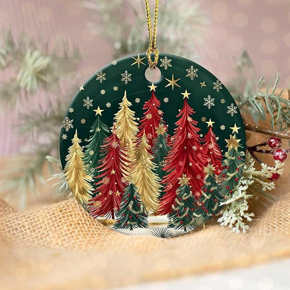 Christmas Tree Forest Ornament Round Ceramic Ornament Star Snowflake Xmas Keepsake for Christmas Tree Winter Holiday Xmas Gift for Women Men Xmas Hanging Ornament 3"