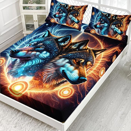 AILONEN Boys Wolf Fitted Sheet Set Twin Wolf Bed Sheet Set, Wildlife Animal Theme Fitted Sheet with 2 Pillowcases,3 Pieces Ice and Fire Light Wolves Print Fitted Sheet Set