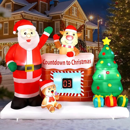 Alupssuc 8FT Christmas Inflatable Outdoor Decorations with LED Countdown Clock, Snowman Santa, Deer and Christmas Tree Lighted Blow Up Lawn Yard Clearance for Indoor Xmas Holiday Party Decor