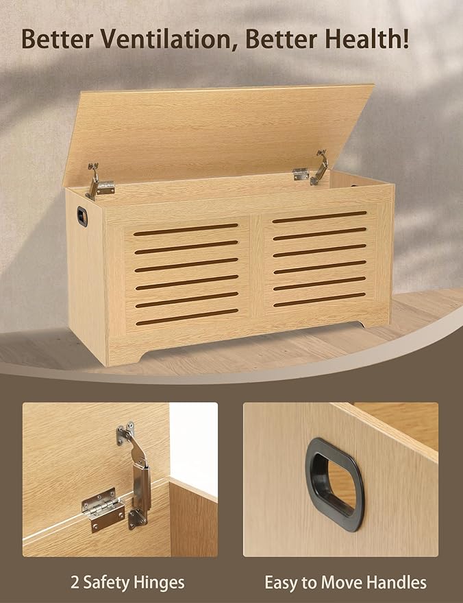 DINZI LVJ Storage Chest, 39.4”Wooden Storage Box with 2 Safety Hinges, Entryway Shoe Bench with Flip-Top, Farmhouse Style Trunk for Living Room, Bedroom, Play Room, Easy Assembly, Natural