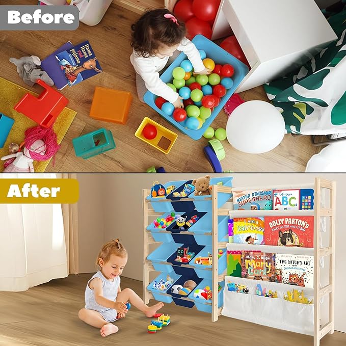 Toy Storage Organizer with Bookshelf - 12 Storage Bins 4-Tier Multipurpose Shelf to Organize Toys and Books for Kids Room, Playroom, Nursery Room, Blue